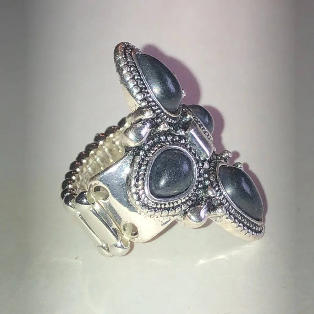 Silver Tone Black Faux Stone Teardrop Cluster Ring